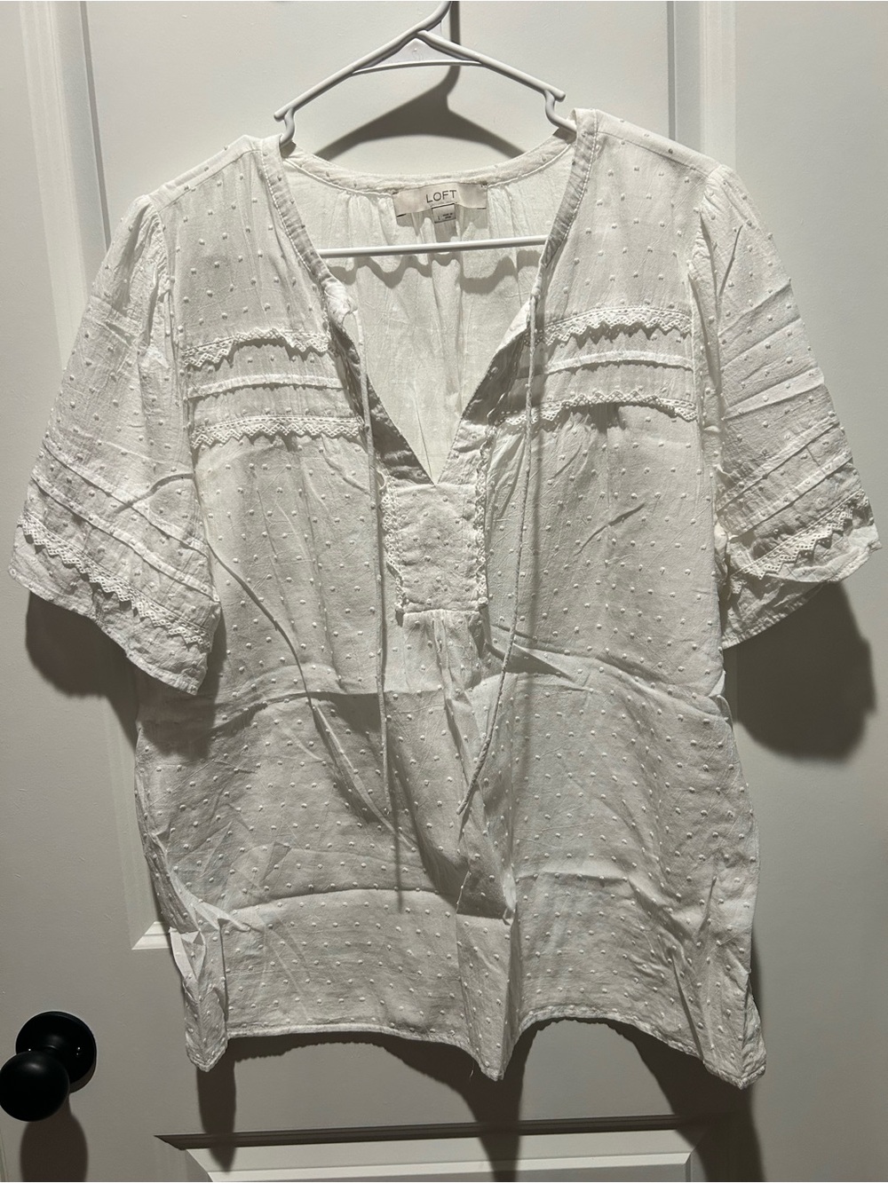 LOFT White Swiss-Dot Tie Front Peasant Top